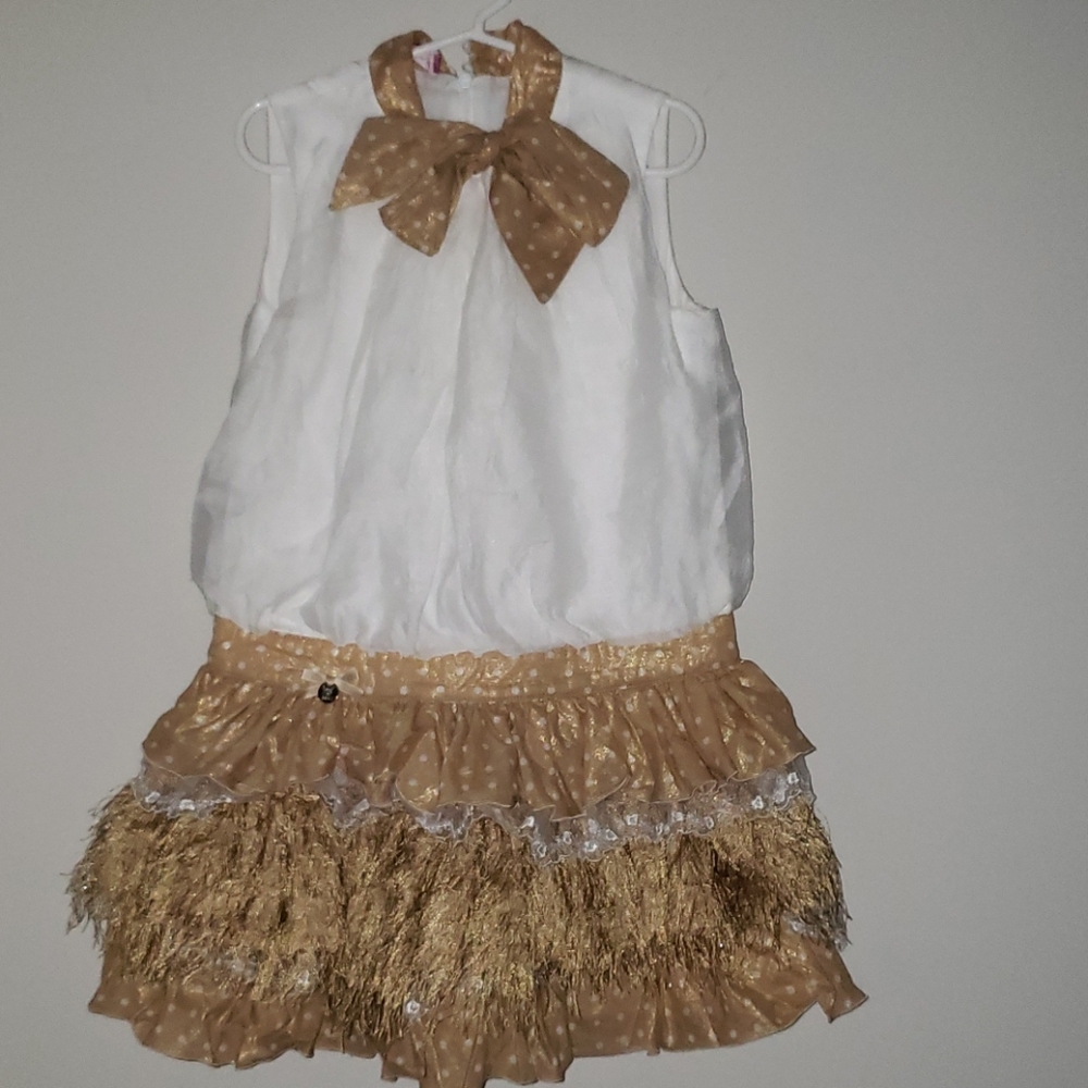 Val Max Girls Tiered Dress Gold White Sz 8